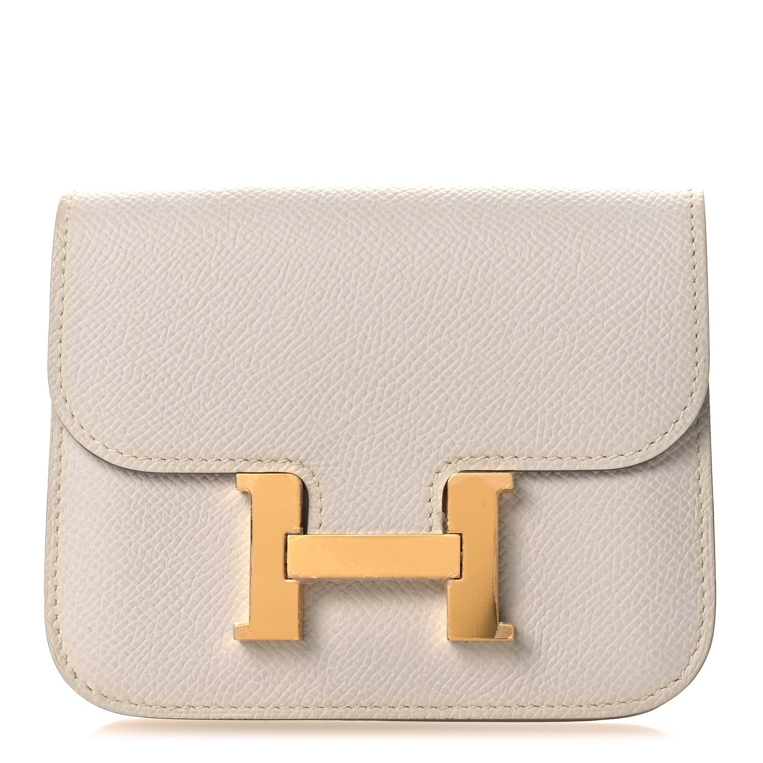 Pale gray leather slim wallet with centered gold-tone H clasp on front flap