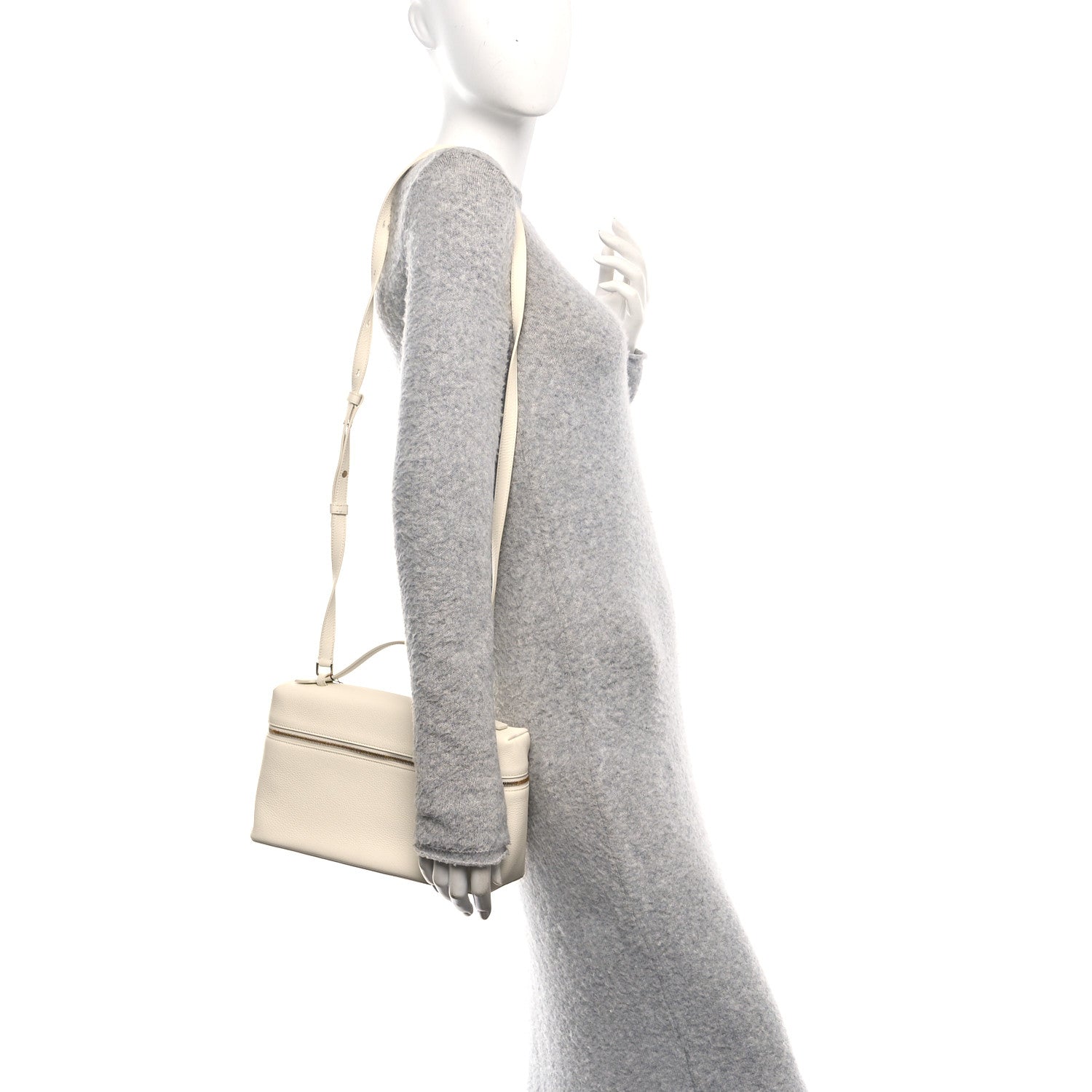 Loro Piana grained calfskin extra pocket pouch in whisper white worn crossbody with strap