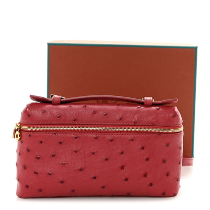 Loro Piana ostrich pouch fuchsia with top zip and carry handles, structured form
