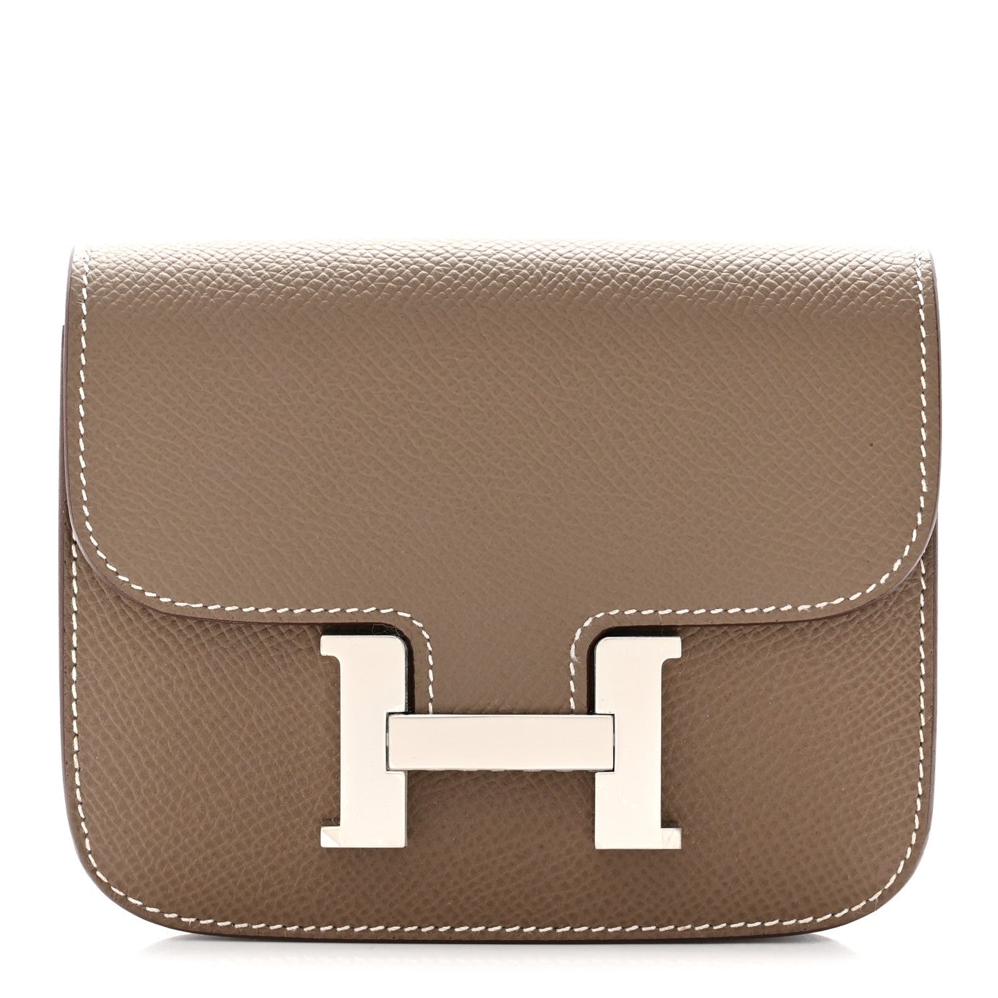 Taupe slim wallet with front H clasp and white contrast stitching