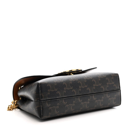 Celine Triomphe shoulder bag side view with gold chain and dark brown flap, structured shape