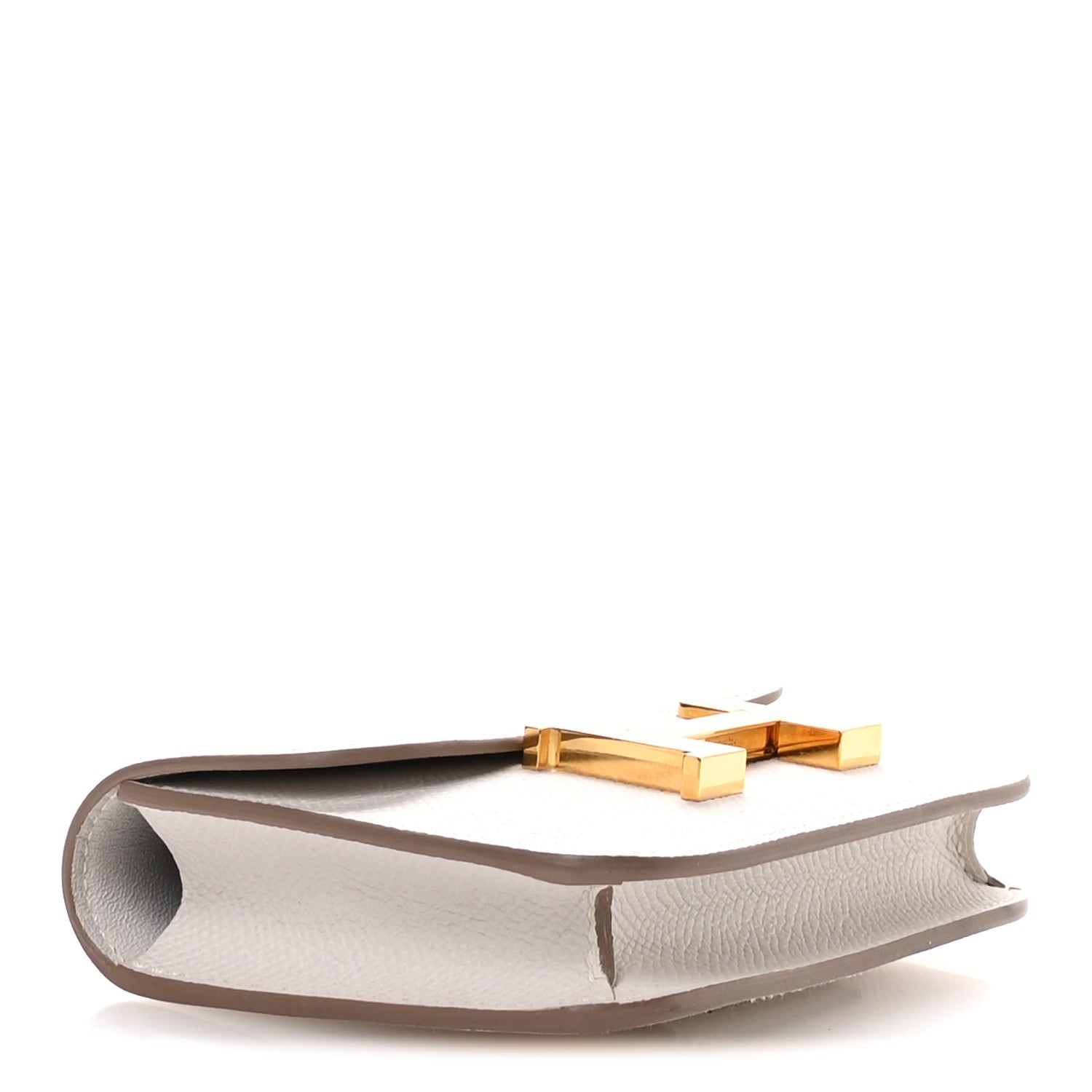 Pale gray slim leather wallet with gold H clasp, angled back view.