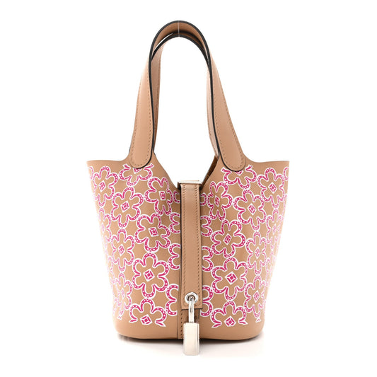 Micro Lucky Daisy Picotin Lock Tote Handbag Floral Print Chai Rose White