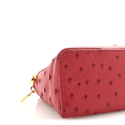 Loro Piana ostrich pouch fuchsia, side panel with ostrich texture and gold zipper pull