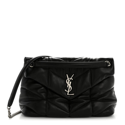 Saint Laurent Lambskin Quilted Medium Loulou Puffer Monogram Chain Satchel Black