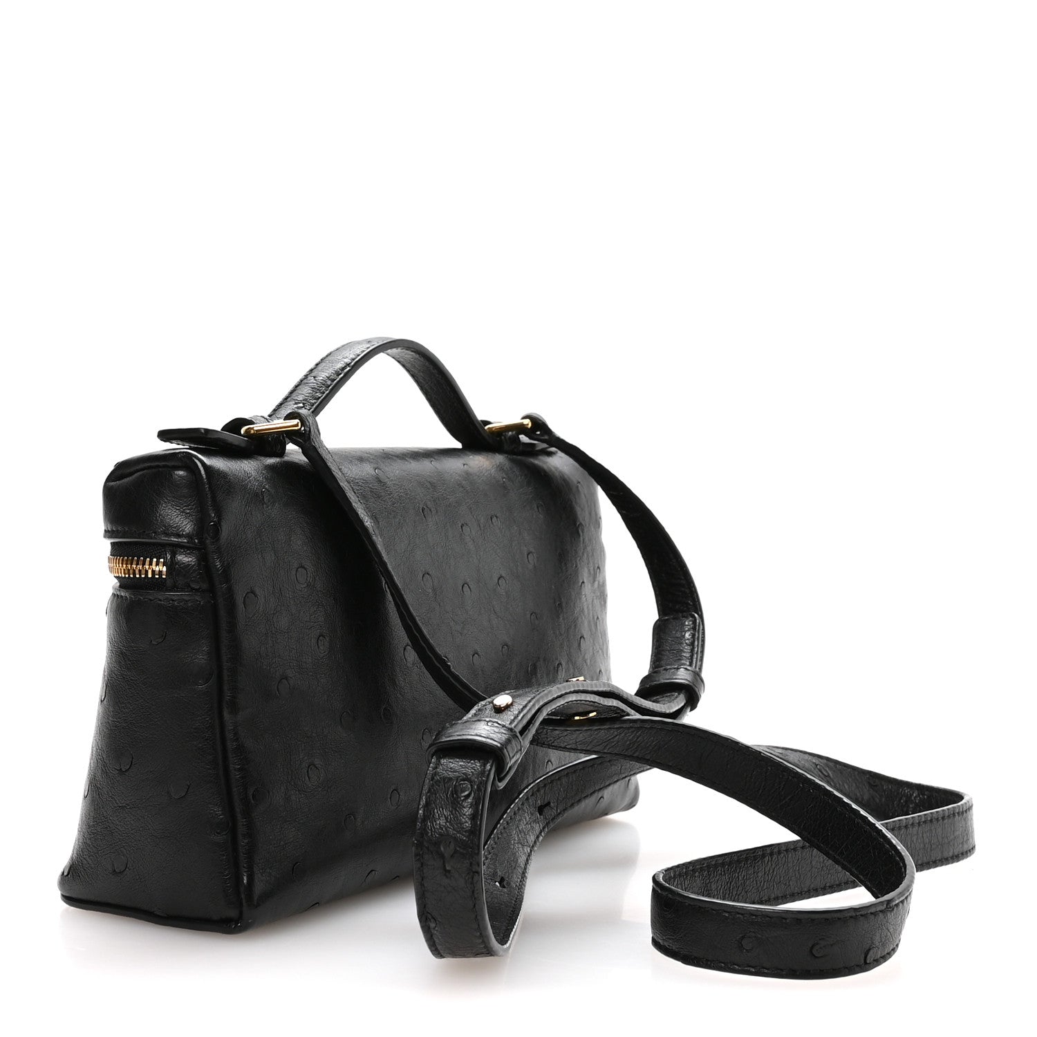 Black ostrich pocket pouch with two straps and gold-tone zipper detail