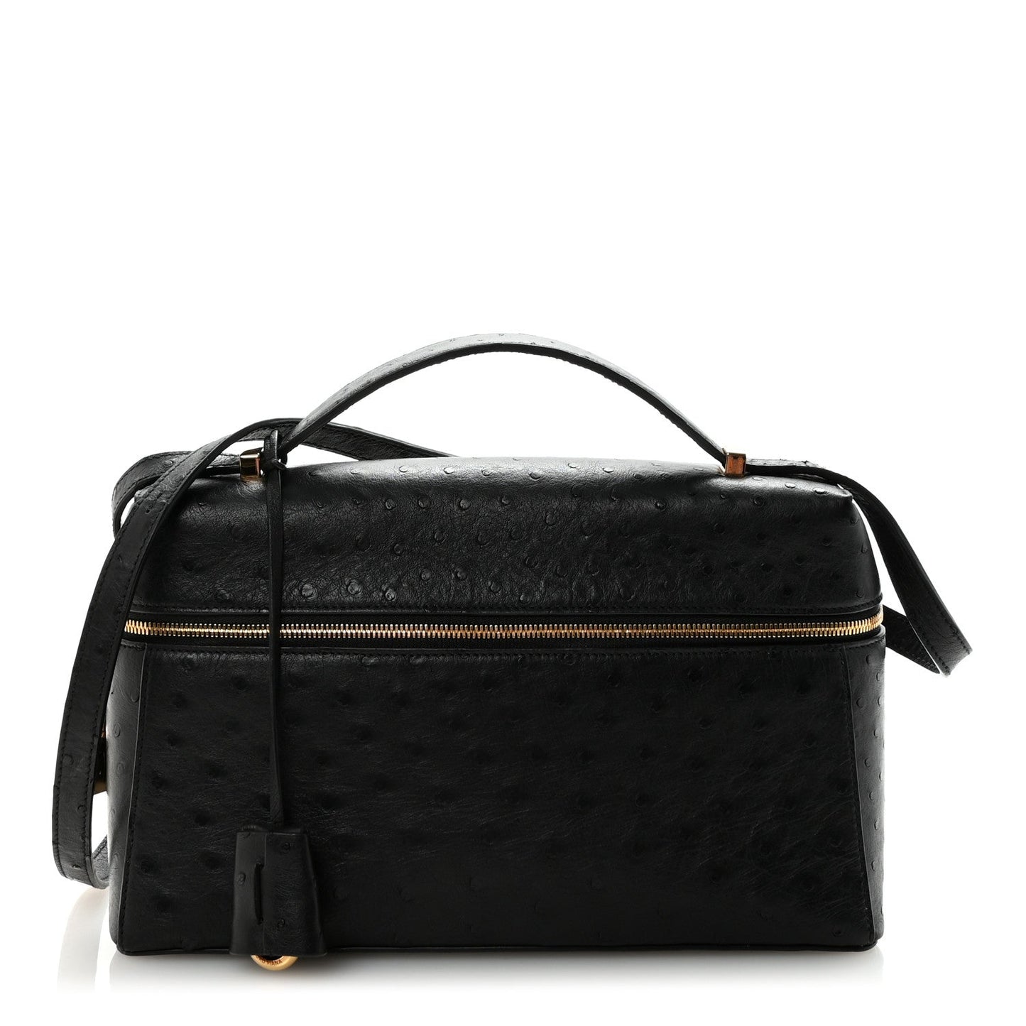 Black ostrich leather mini handbag with top handle, front zip, and adjustable shoulder strap