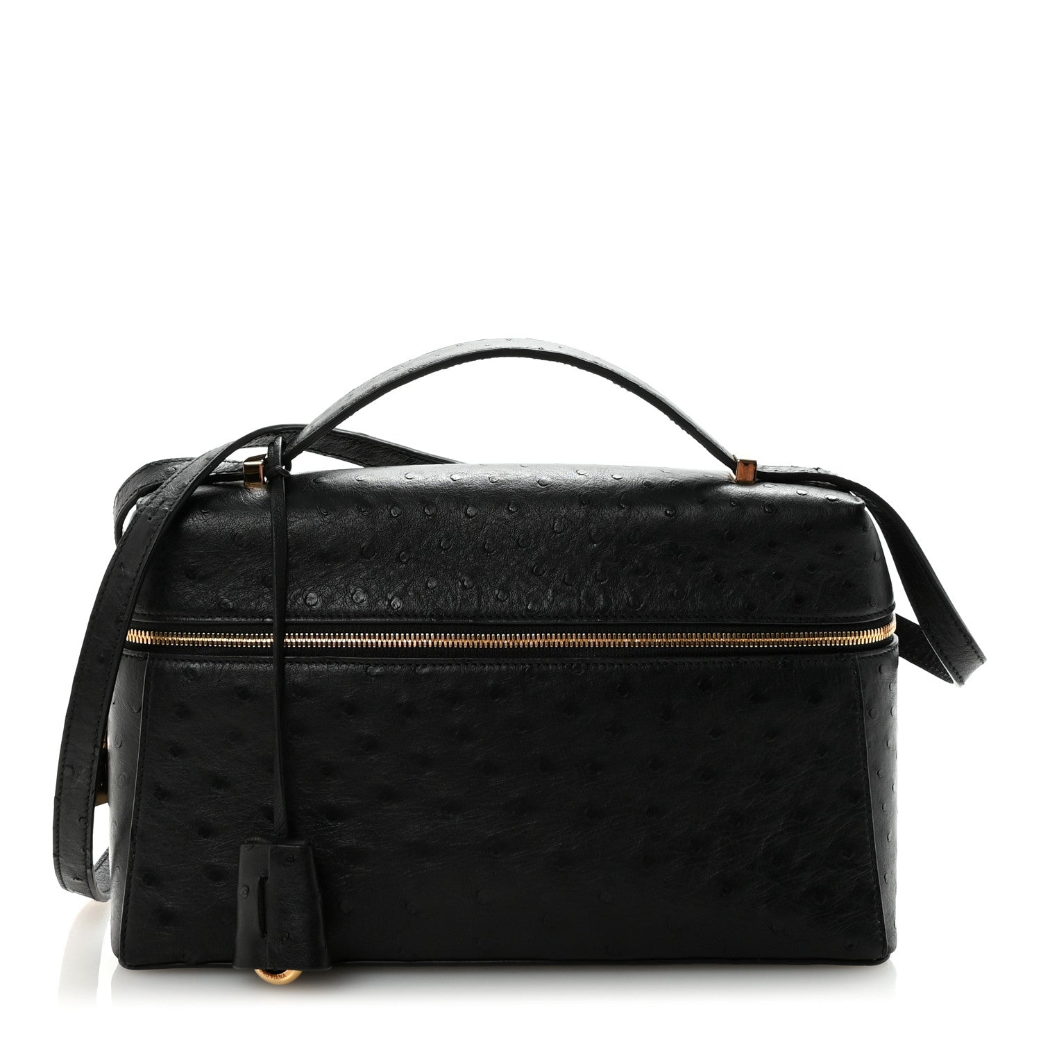 Black ostrich leather mini handbag with top handle, front zip, and adjustable shoulder strap
