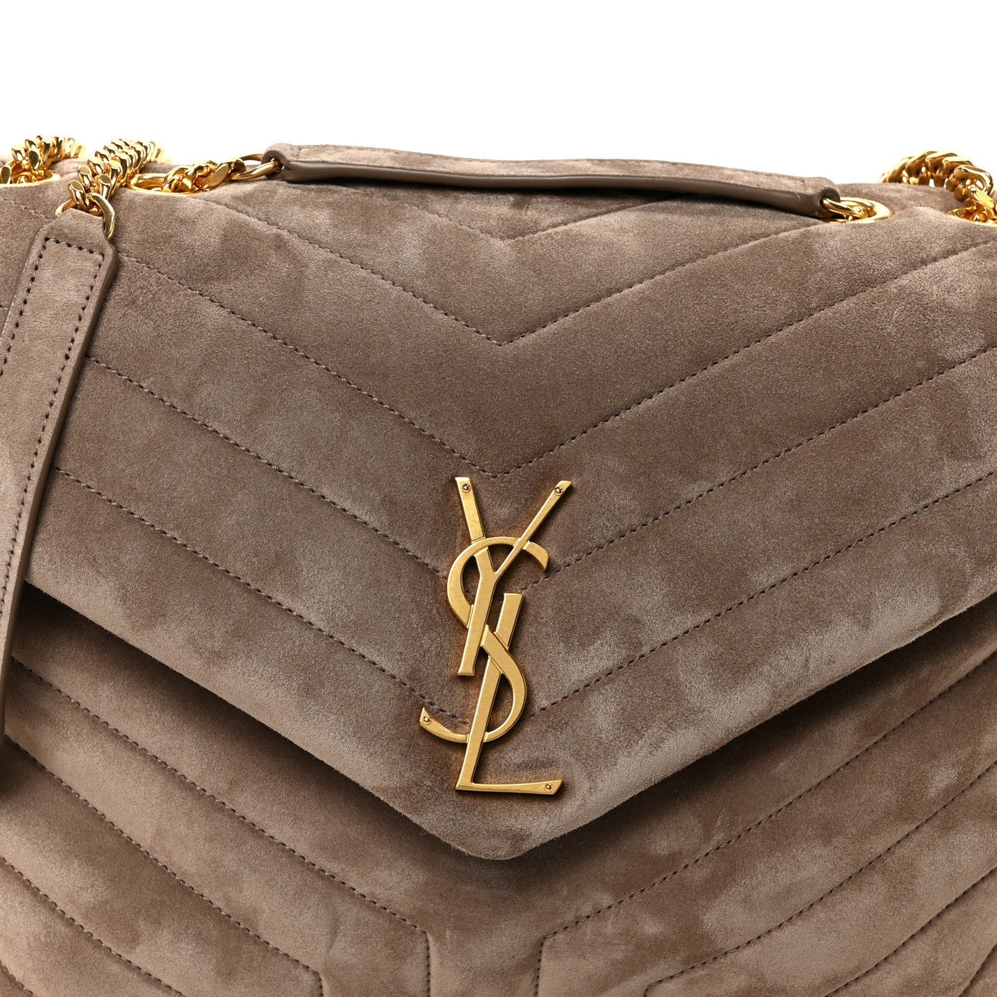 SAINT LAURENT Suede Y Quilted Monogram Medium Loulou Chain Satchel Taupe