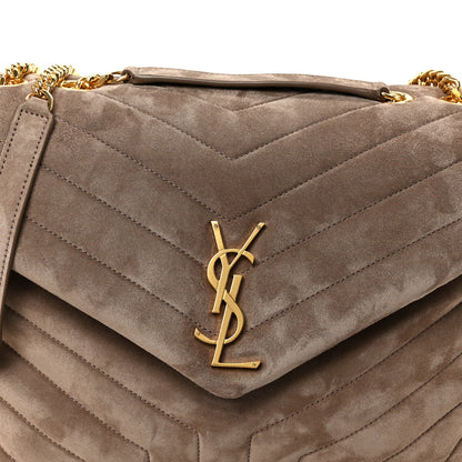SAINT LAURENT Suede Y Quilted Monogram Medium Loulou Chain Satchel Taupe