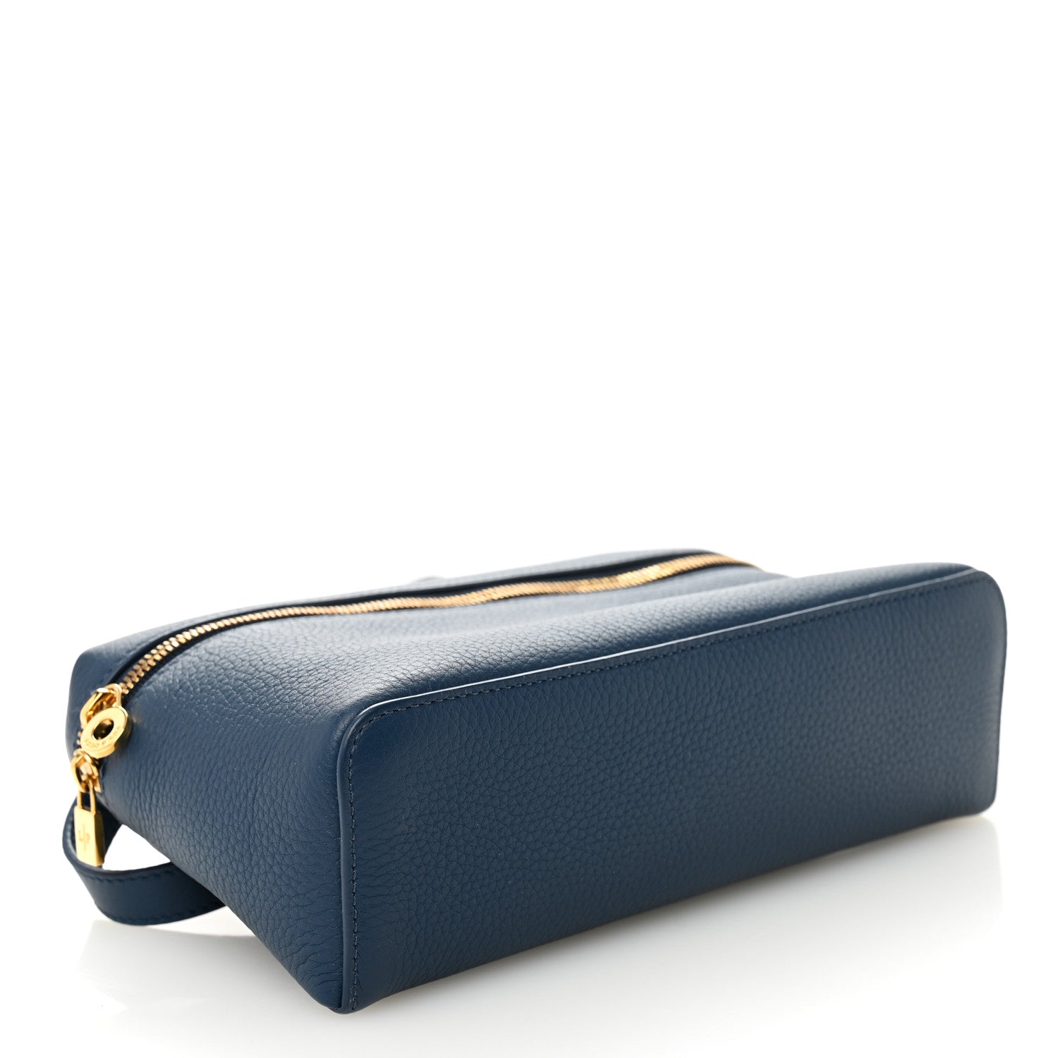 Navy grained calfskin pouch with gold-tone zipper and structured shape