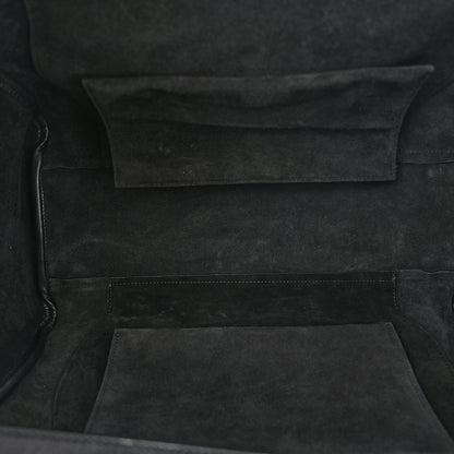 Celine black leather tote interior lining with open top and hanging fabric panel