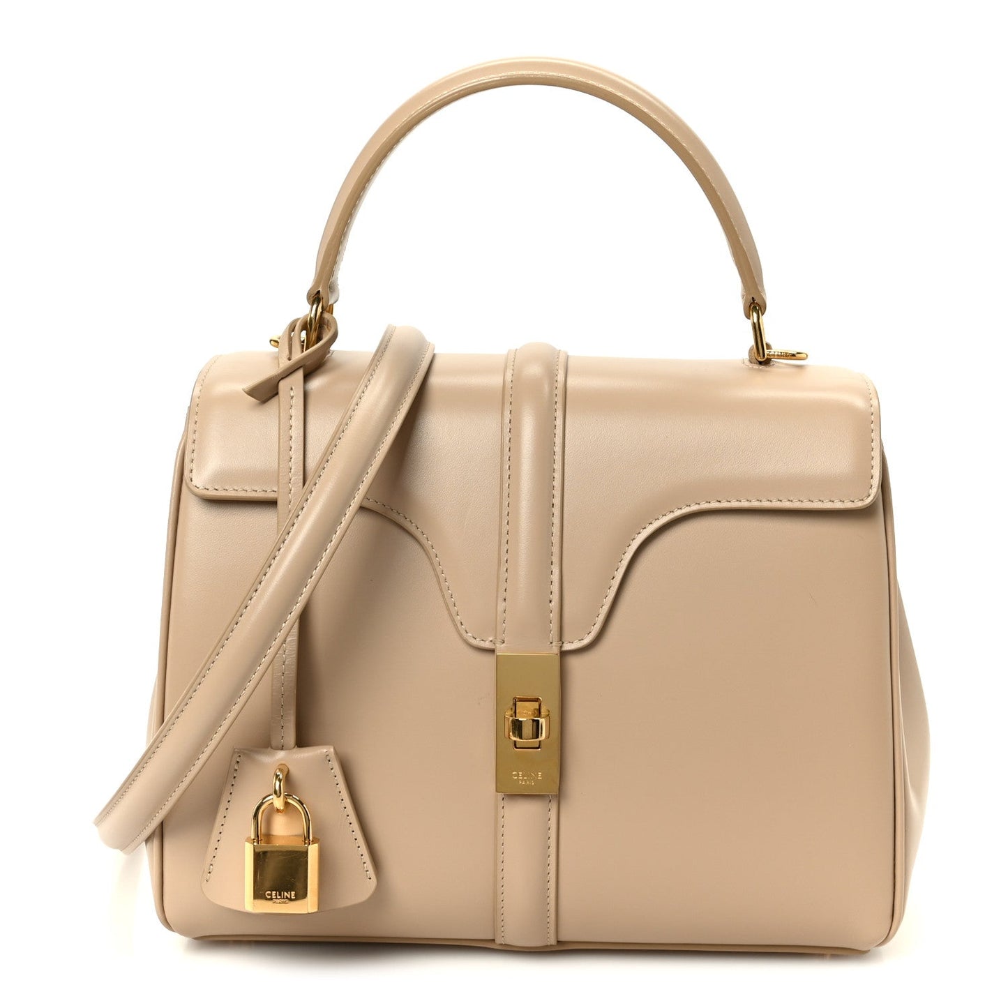 Small nude calfskin top-handle bag with flap, crossbody strap, and gold-tone hardware