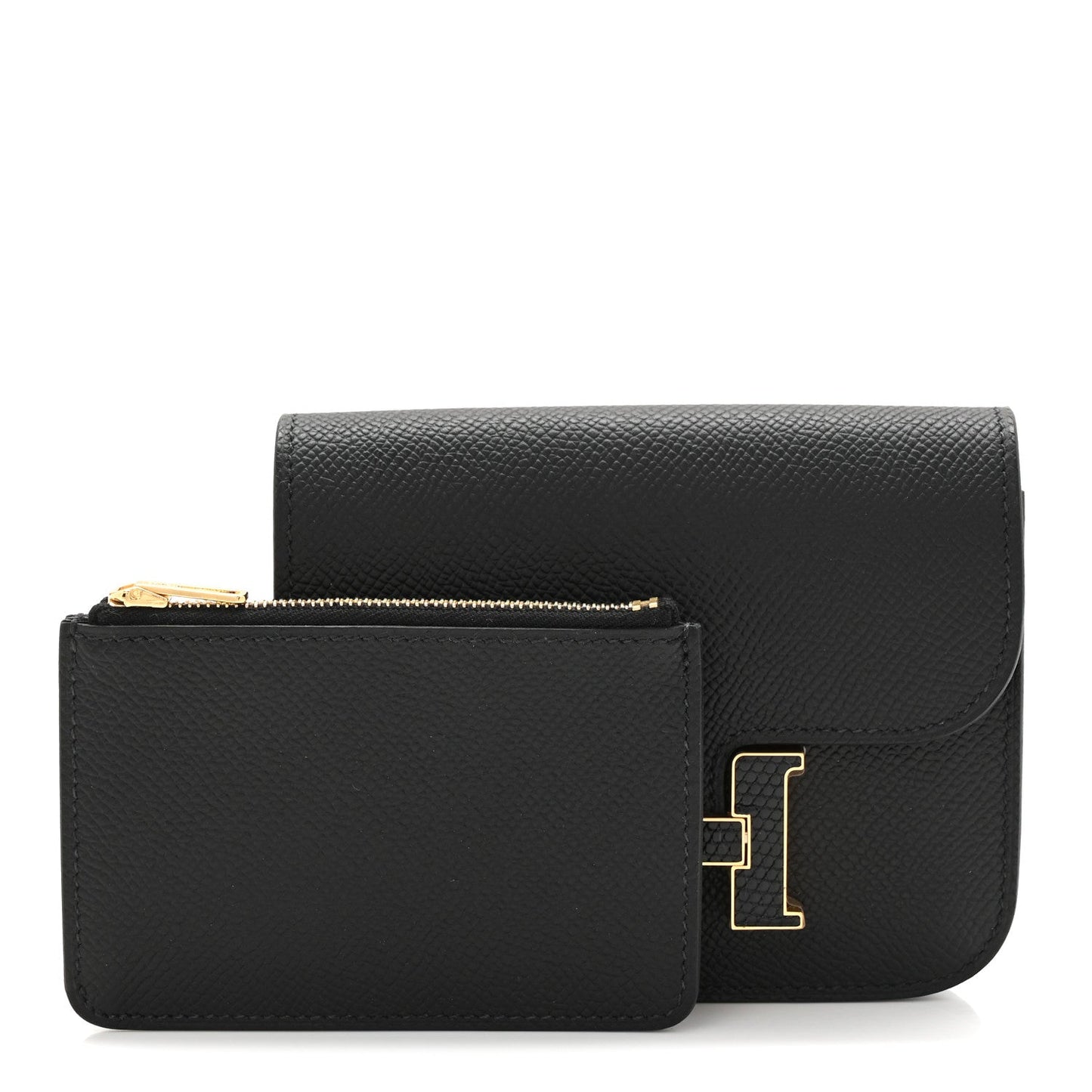 Black slim wallet set with small zip card holder, gold hardware
