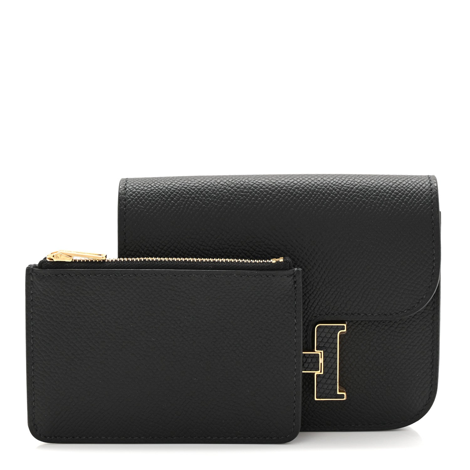Black slim wallet set with small zip card holder, gold hardware