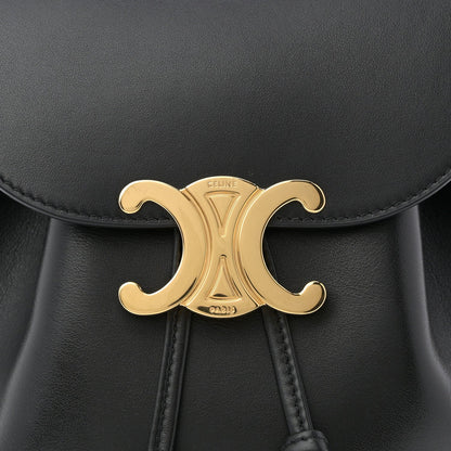 Celine Triomphe calfskin Bonnie backpack close-up of gold logo medallion and stitching.