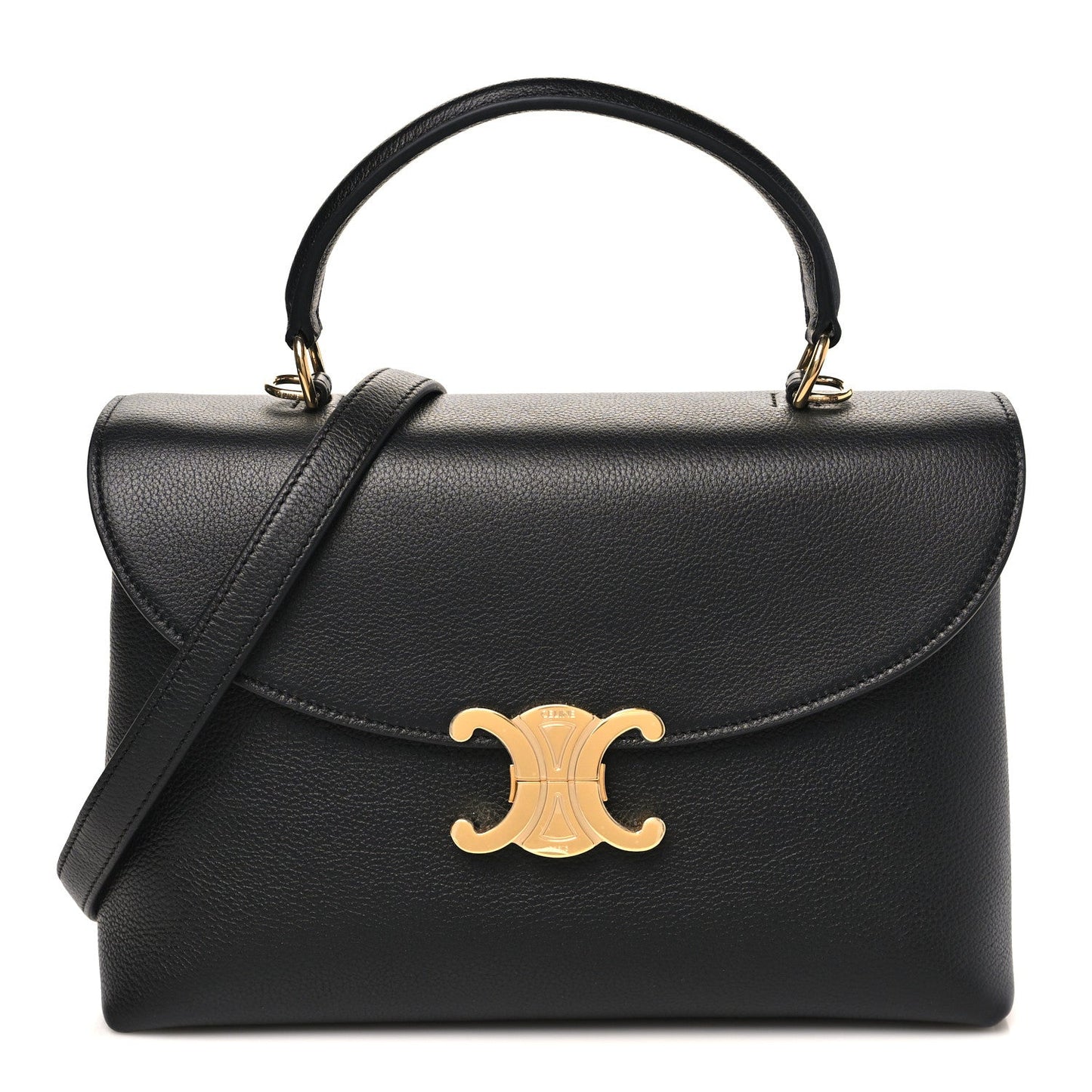 Black Celine grained calfskin medium shoulder bag with gold-tone clasp and handles