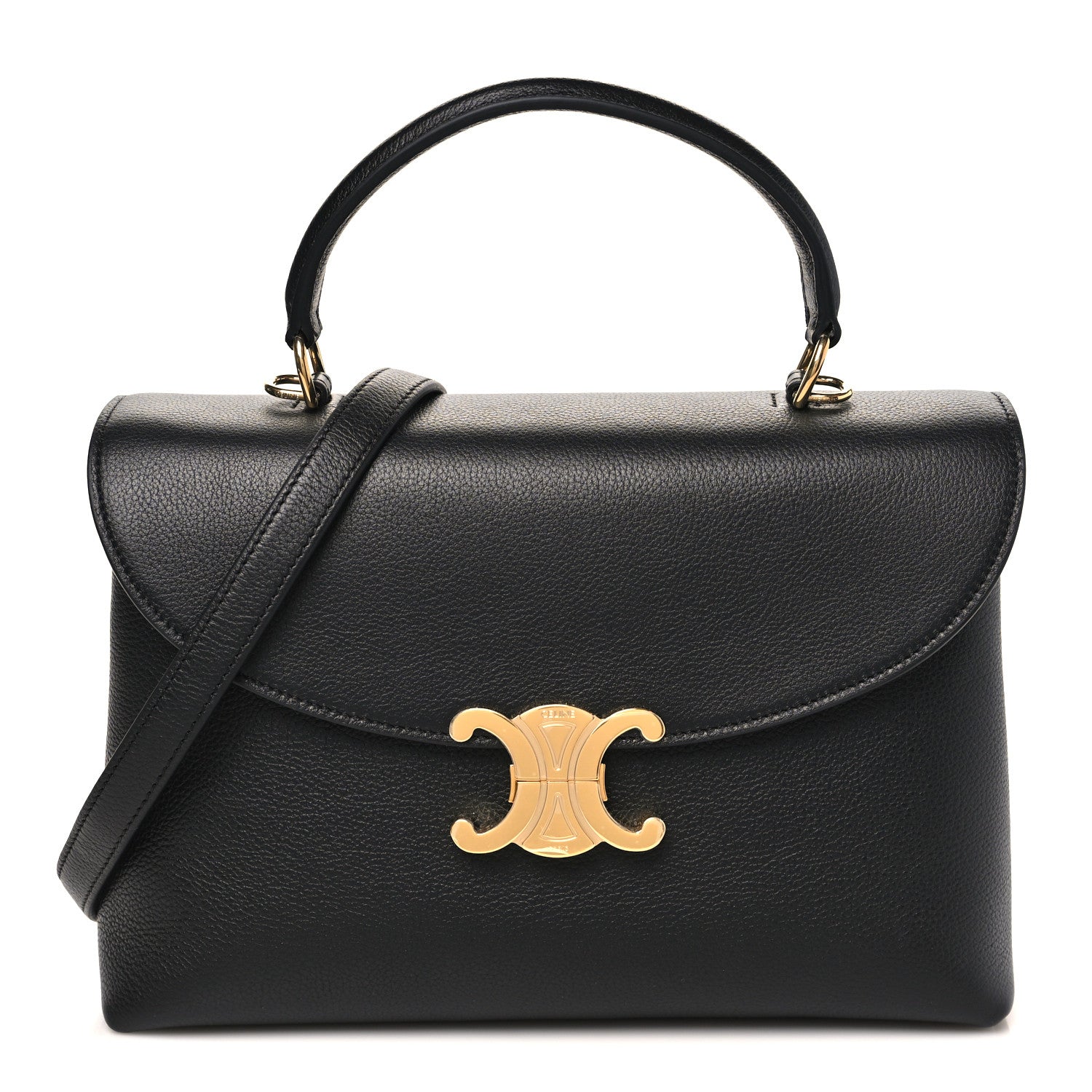 Black Celine grained calfskin medium shoulder bag with gold-tone clasp and handles