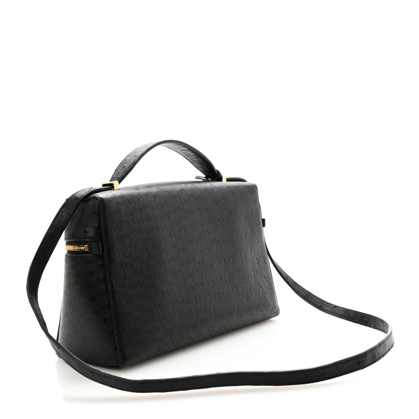 Black ostrich leather satchel-style mini handbag with top handle and long crossbody strap