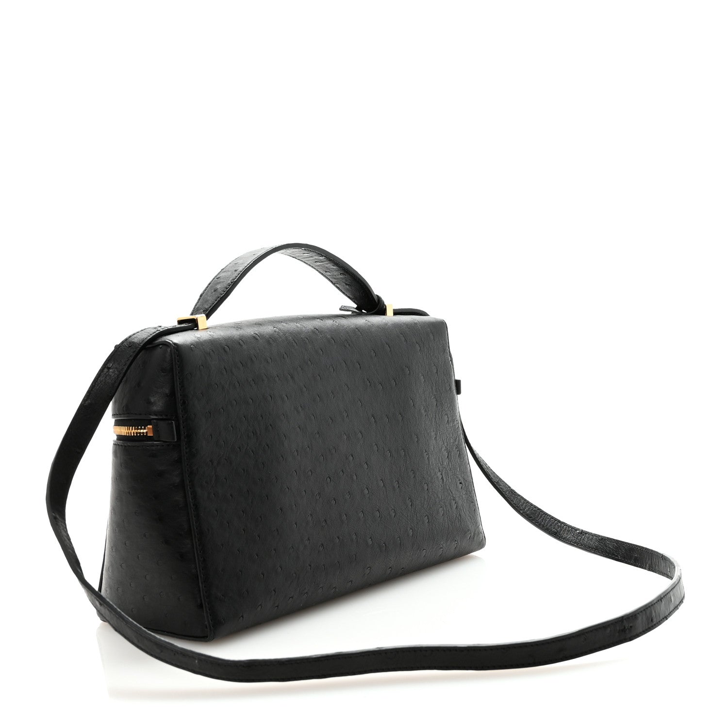 Black ostrich leather satchel-style mini handbag with top handle and long crossbody strap