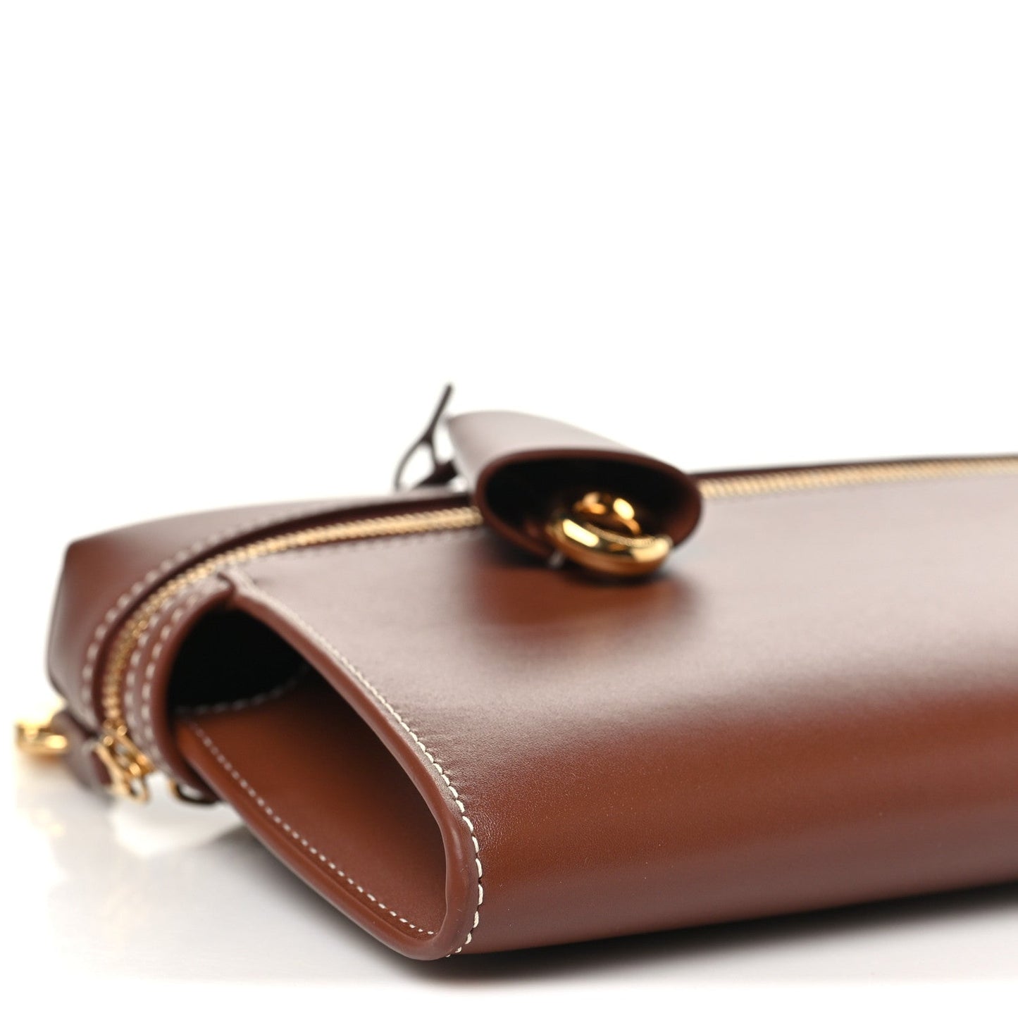 Loro Piana smooth calfskin clutch with open side and gold zipper pull hardware