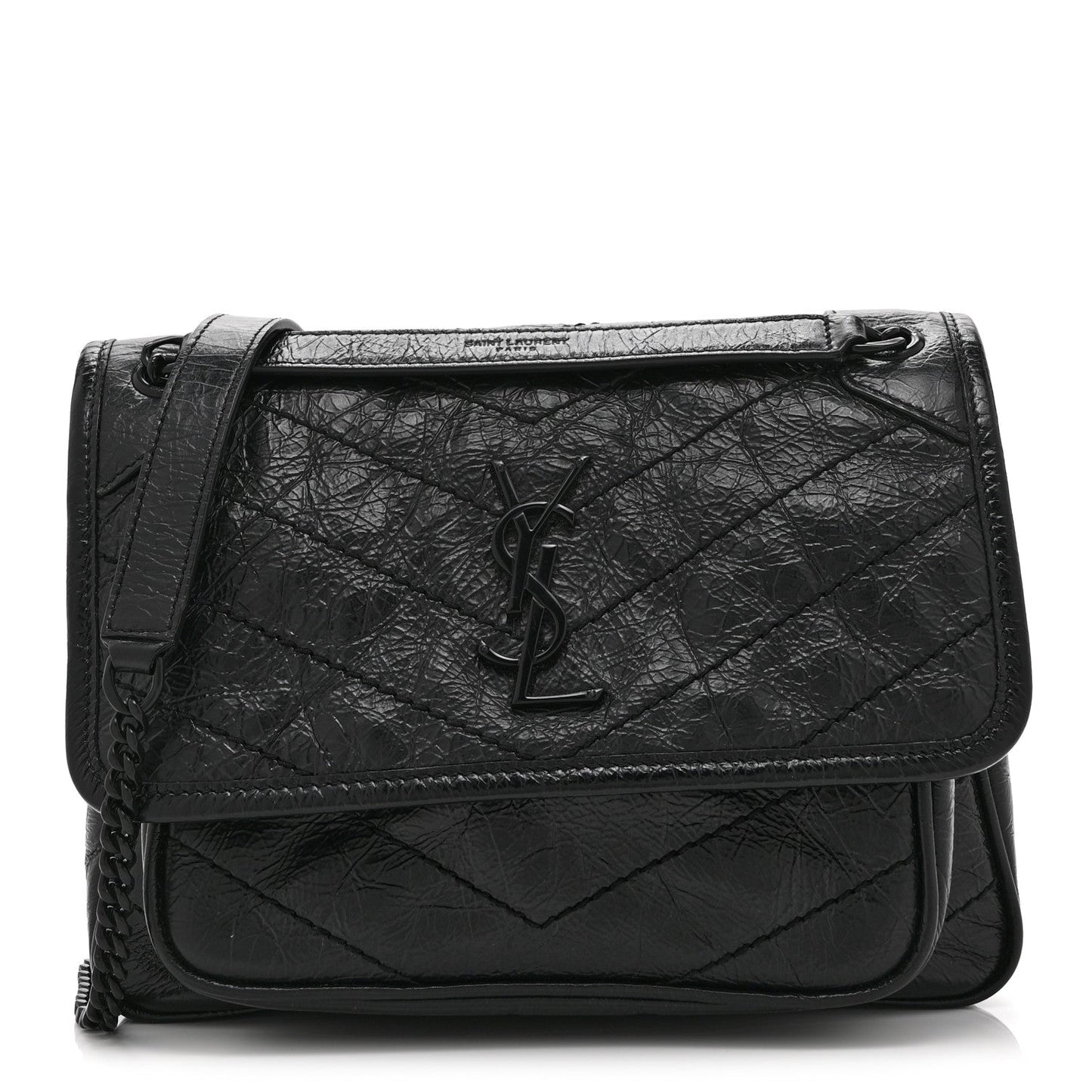 Saint Laurent Crinkled Calfskin Matelasse Monogram Baby Niki Chain Satchel Black