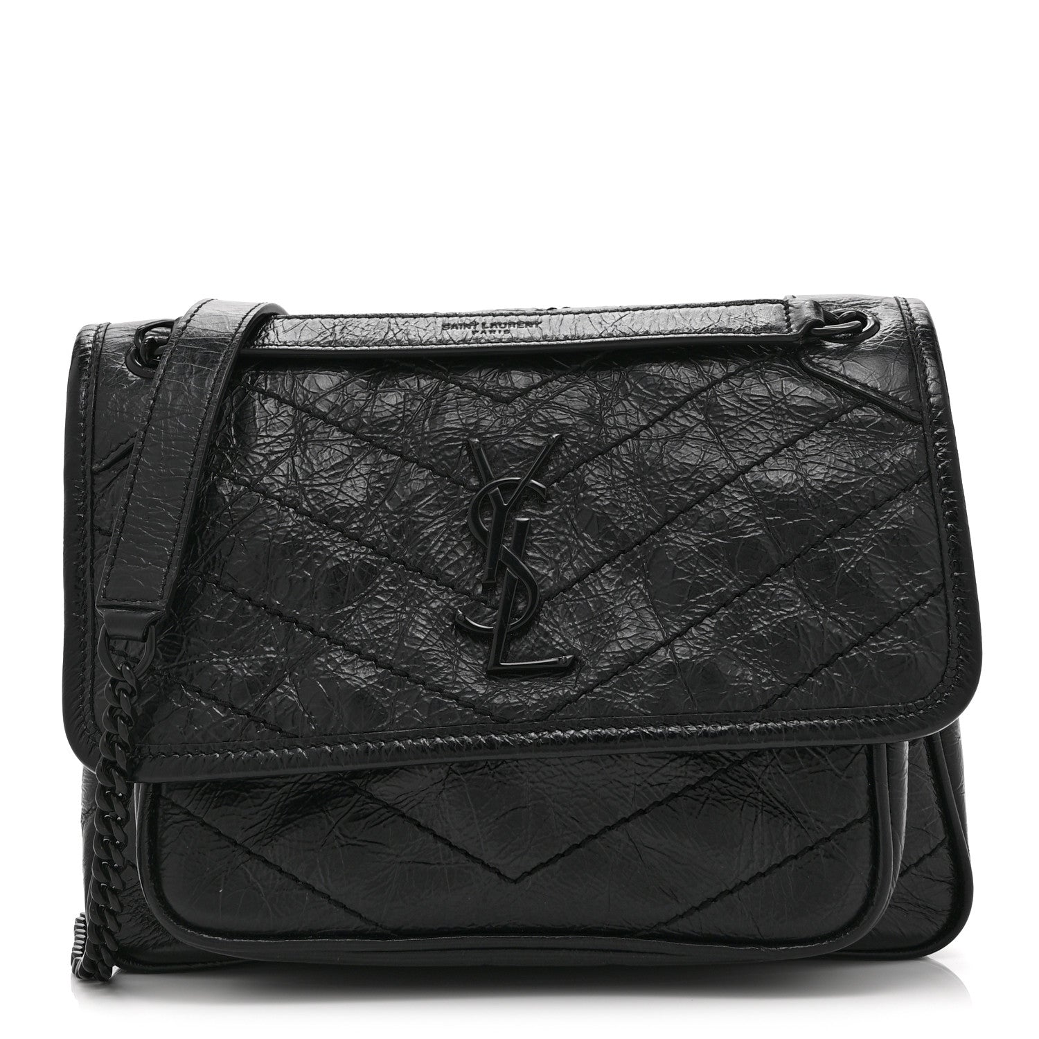 Saint Laurent Crinkled Calfskin Matelasse Monogram Baby Niki Chain Satchel Black