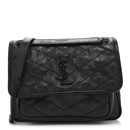 Saint Laurent Crinkled Calfskin Matelasse Monogram Baby Niki Chain Satchel Black
