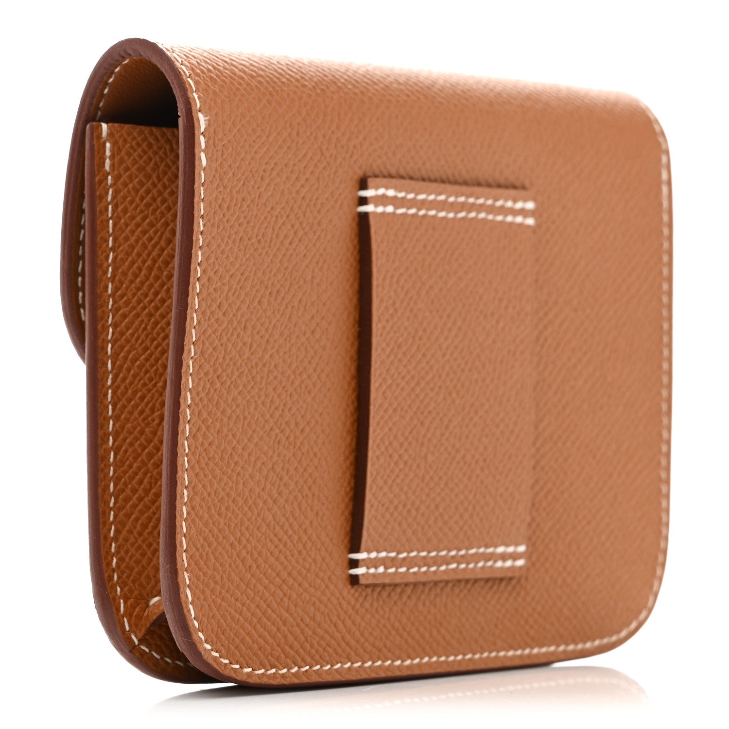 Hermes Constance slim wallet with card slot view, textured brown leather and contrast stitching