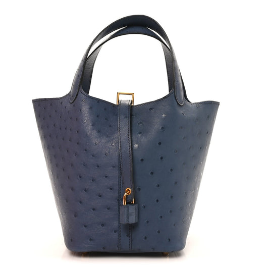 Ostrich Picotin Lock 18 Bucket Bag Bleu Roi Blue