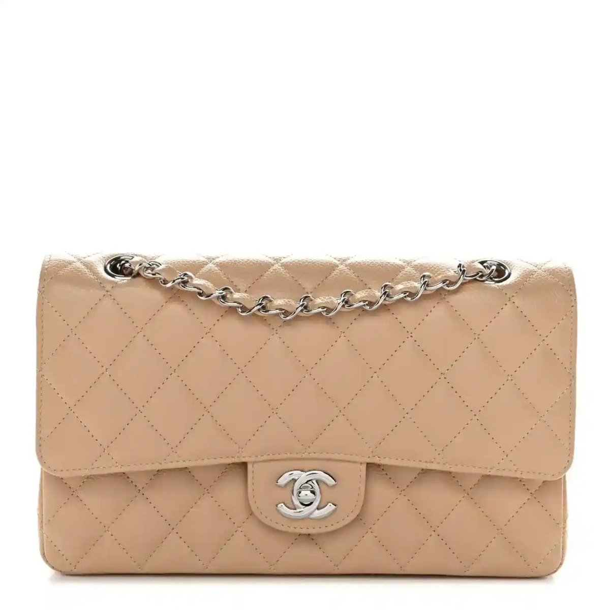 Chanel Beige Caviar Quilted Medium Double Flap Shoulder Bag - NEESTRA