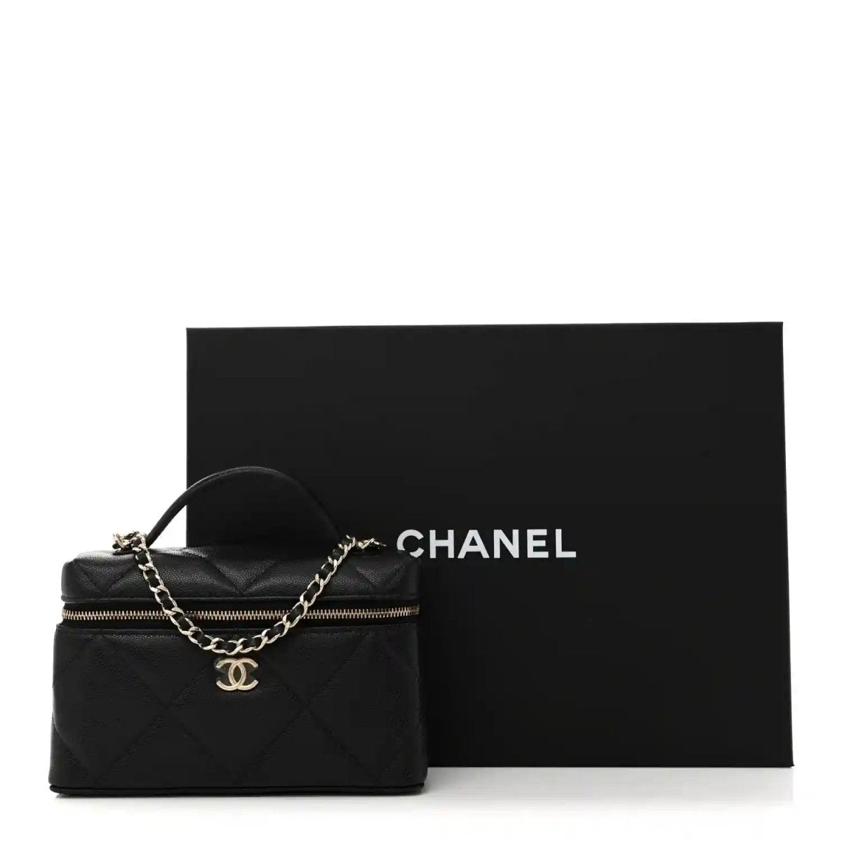 Chanel Black Caviar Quilted Leather Slim Vanity With Gold Chain - NEESTRA