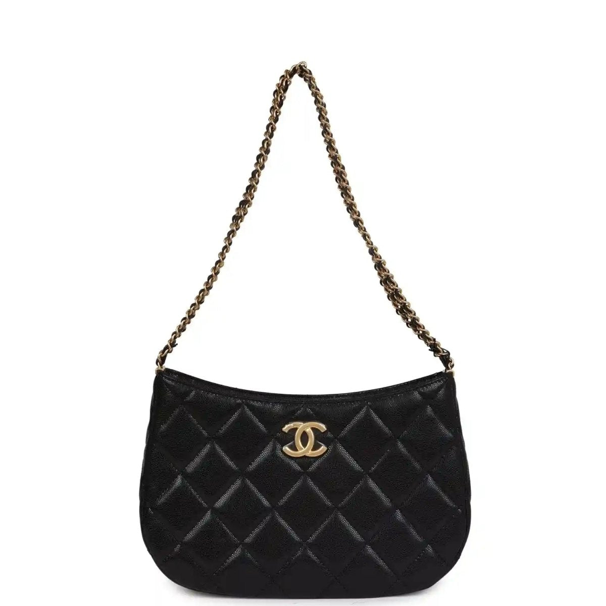 Chanel Black Shiny Caviar Hobo Bag With Brushed Gold Hardware - NEESTRA