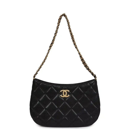 Chanel Black Shiny Caviar Hobo Bag With Brushed Gold Hardware - NEESTRA