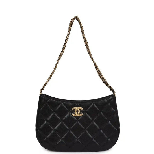 Chanel Black Shiny Caviar Hobo Bag With Brushed Gold Hardware - NEESTRA