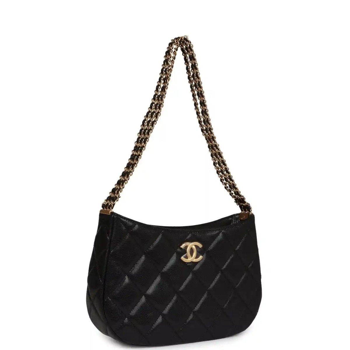 Chanel Black Shiny Caviar Hobo Bag With Brushed Gold Hardware - NEESTRA