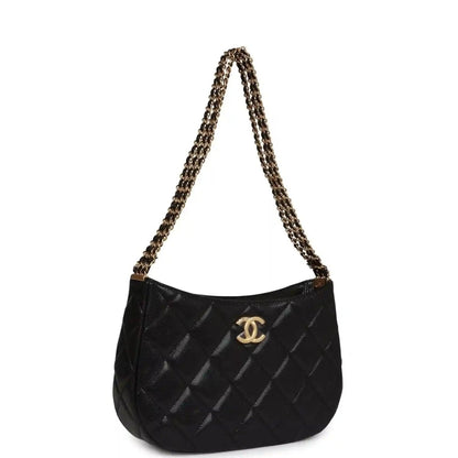 Chanel Black Shiny Caviar Hobo Bag With Brushed Gold Hardware - NEESTRA