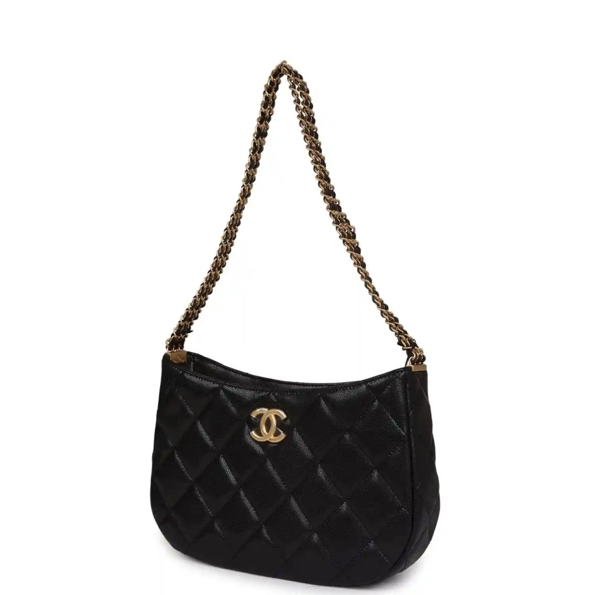 Chanel Black Shiny Caviar Hobo Bag With Brushed Gold Hardware - NEESTRA