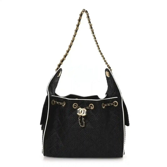Chanel Braided Raffia Calfskin Small Chanel 25 Handbag Black White - NEESTRA