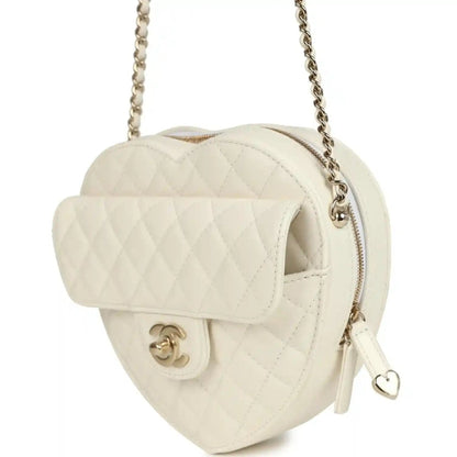 Chanel CC In Love Large Heart Bag White Lambskin Gold Hardware - NEESTRA