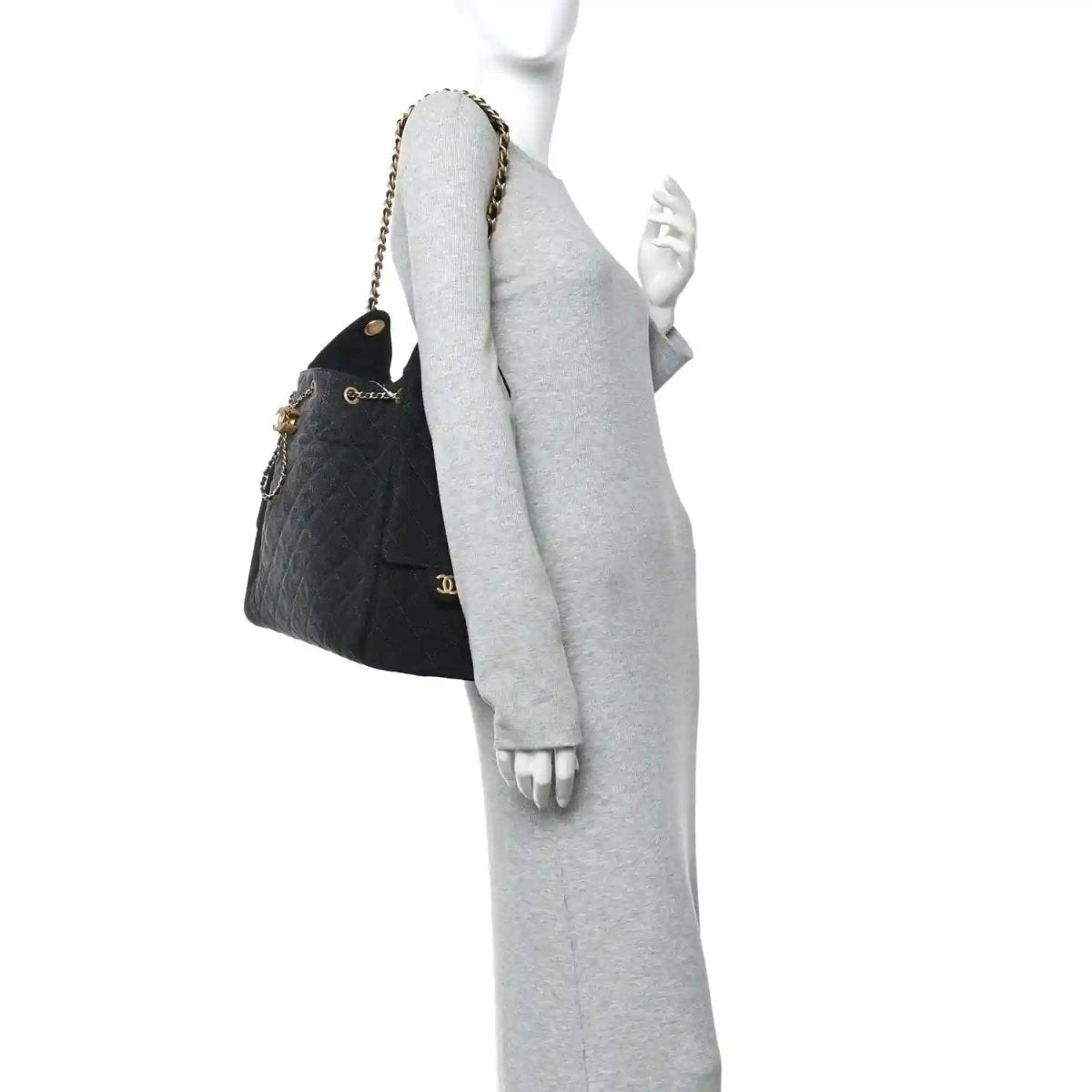 Chanel Medium Quilted Washed Denim 25 Shoulder Bag Black - NEESTRA