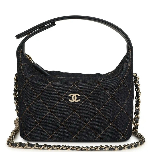 Chanel Mini Hobo Pouch in Dark Blue Denim Gold Hardware - NEESTRA