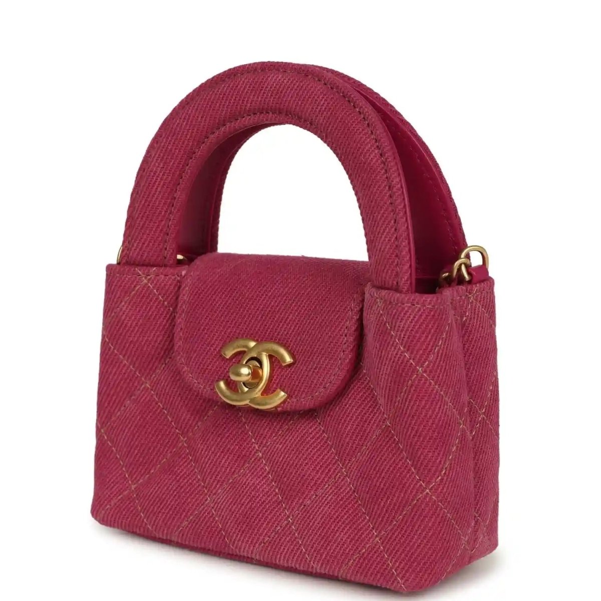 Chanel Nano Kelly Shopper in Fuchsia Washed Denim Brushed Gold - NEESTRA
