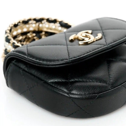 Chanel Quilted Lambskin Pearl Top Handle Clutch with Chain Black - NEESTRA