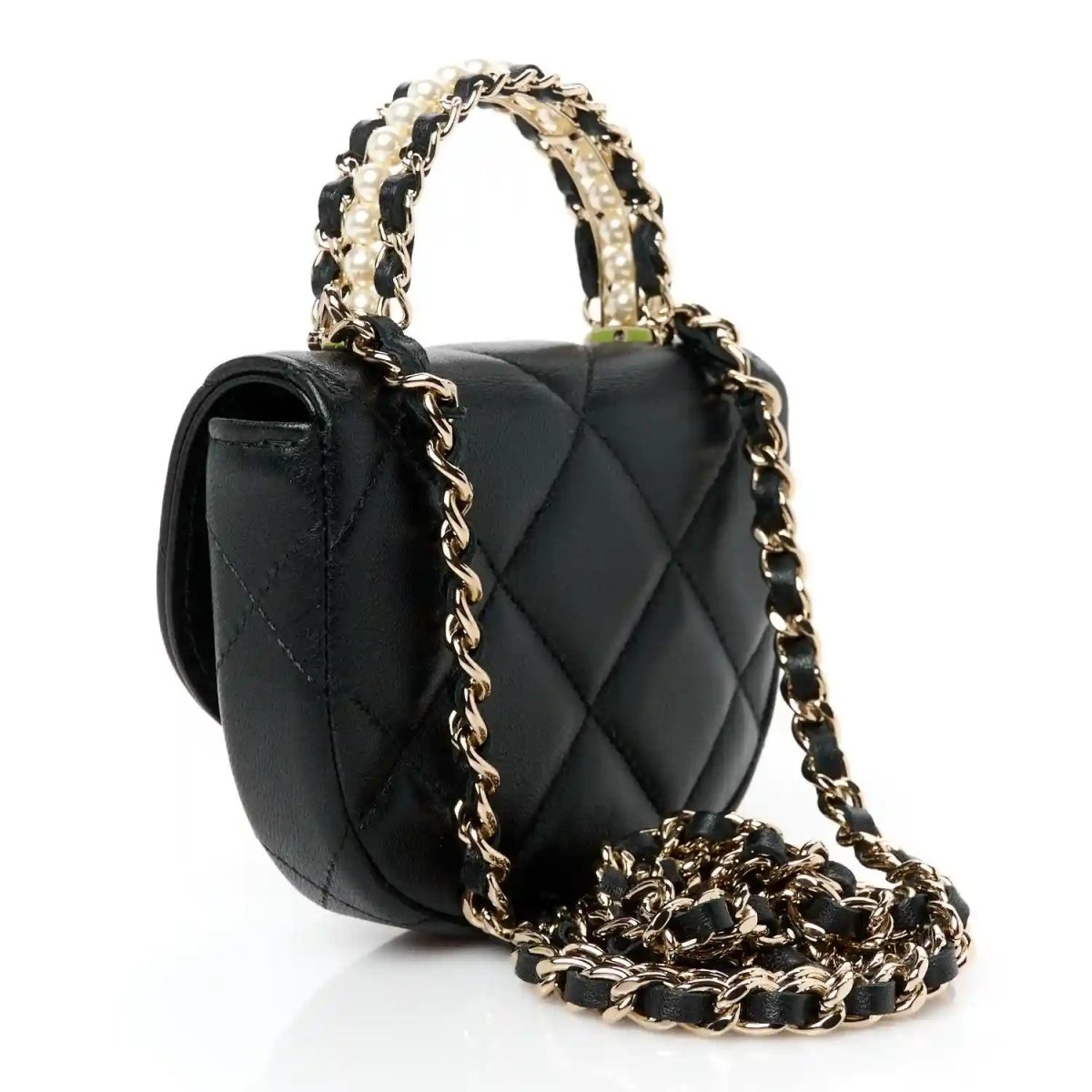Chanel Quilted Lambskin Pearl Top Handle Clutch with Chain Black - NEESTRA