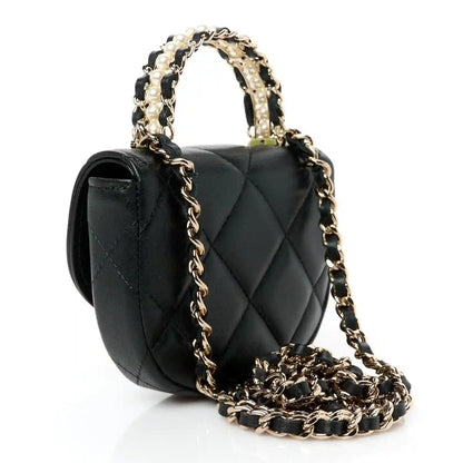 Chanel Quilted Lambskin Pearl Top Handle Clutch with Chain Black - NEESTRA
