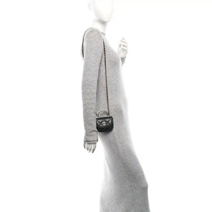 Chanel Quilted Lambskin Pearl Top Handle Clutch with Chain Black - NEESTRA