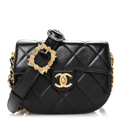 Chanel Shiny Calfskin Quilted Buckle Moon Messenger Bag Black - NEESTRA