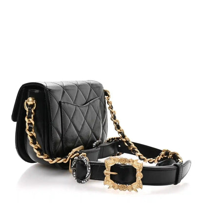 Chanel Shiny Calfskin Quilted Buckle Moon Messenger Bag Black - NEESTRA