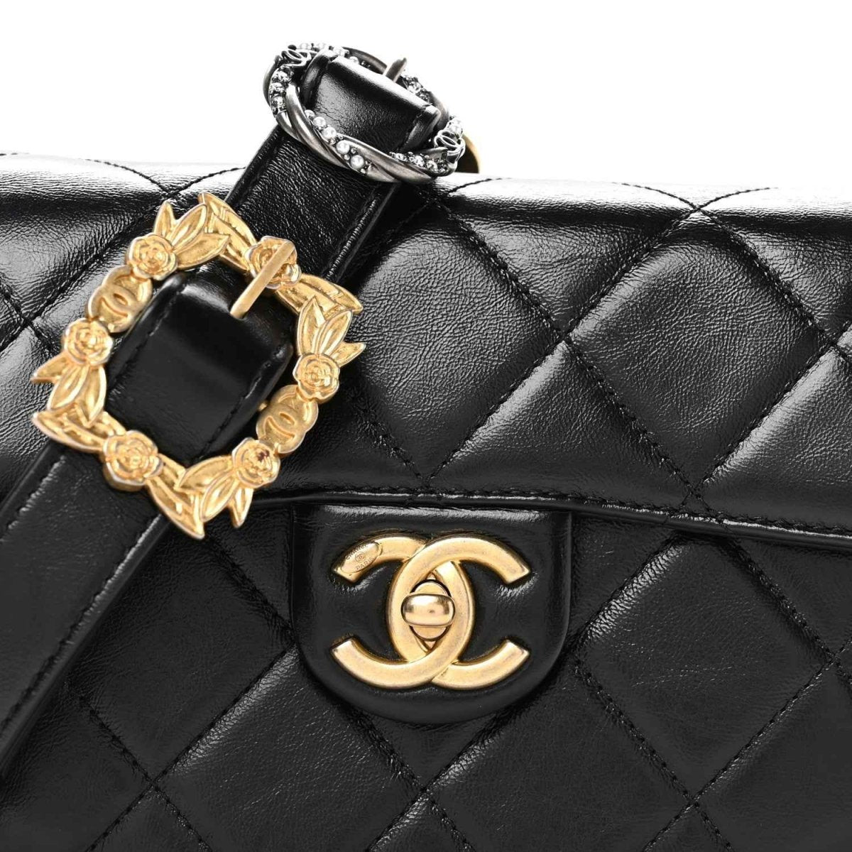 Chanel Shiny Calfskin Quilted Buckle Moon Messenger Bag Black - NEESTRA